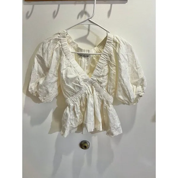 Abercrombie & Fitch Women XS Linen Blend Peplum Top Boho Cottage Boho Chic - Image 3