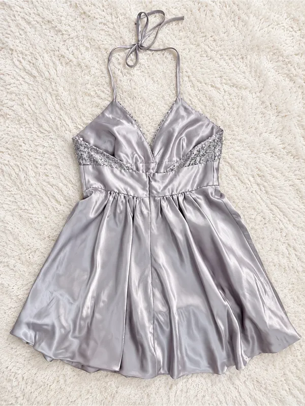 Vintage 90s Y2K F.I.E.S.T.A. Sequin Halter Mini Dress + Shawl – Silver – S - Image 10