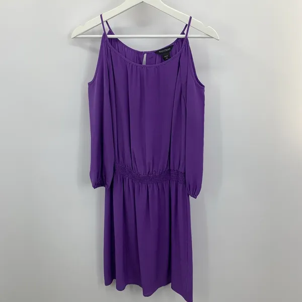 White House Black Market XS Mini Dress Silk‎ Cold Shoulder Smocked Purple - Image 3