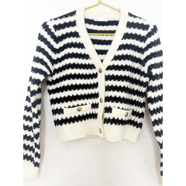 Anthropologie Line + Dot Laurel Cropped Knit Cardigan Size Small Black Striped - Image 11