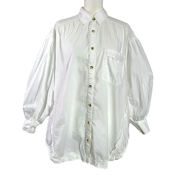 Free People Bohemian Preppy Oversized Happy Hour Solid Poplin Top White Medium - Image 13
