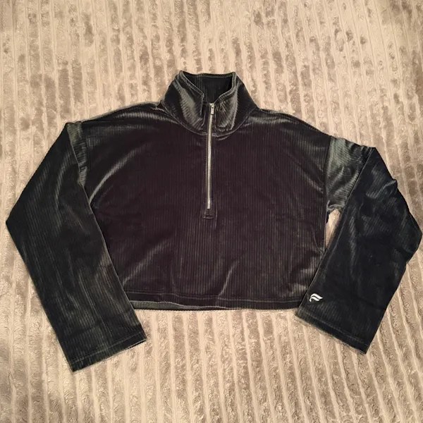 Fabletics Velour Corduroy Quarter Zip Size M‎ Forest Green Cropped Pullover - Image 2