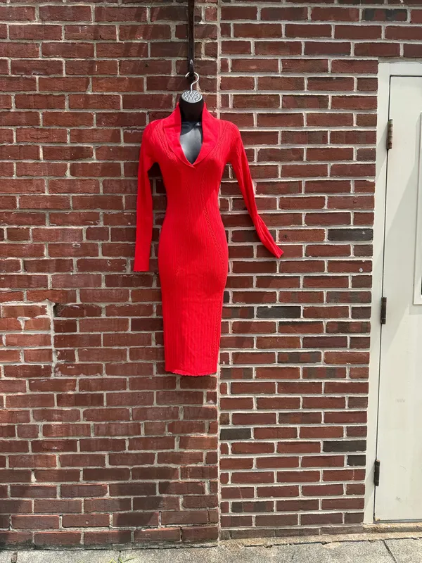 Red Ribbed Sweater Knit Bodycon Midi Dress Shawl Collar Long Sleeve Stretch - Image 2