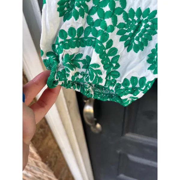 Sunday Up Green White Floral Embroidered Ruffle Neck Blouse Pearl Button Medium - Image 5