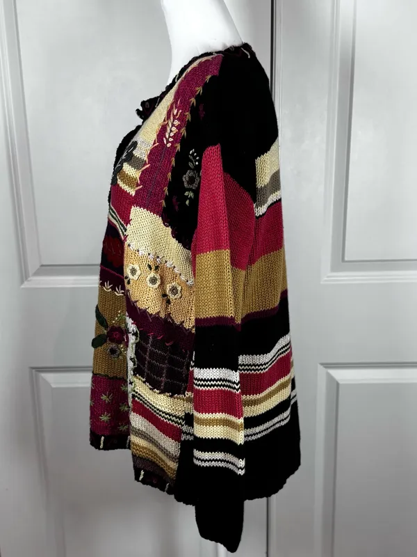 Stitches Patchwork Cardigan Embroidered Floral Boho Cottagecore Knit Sweater L - Image 4