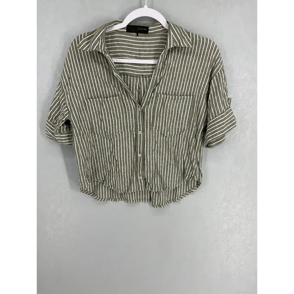 Zara Women Button Down Shirt Olive Green White Striped Cuffed Sleeve Size XS - Image 2