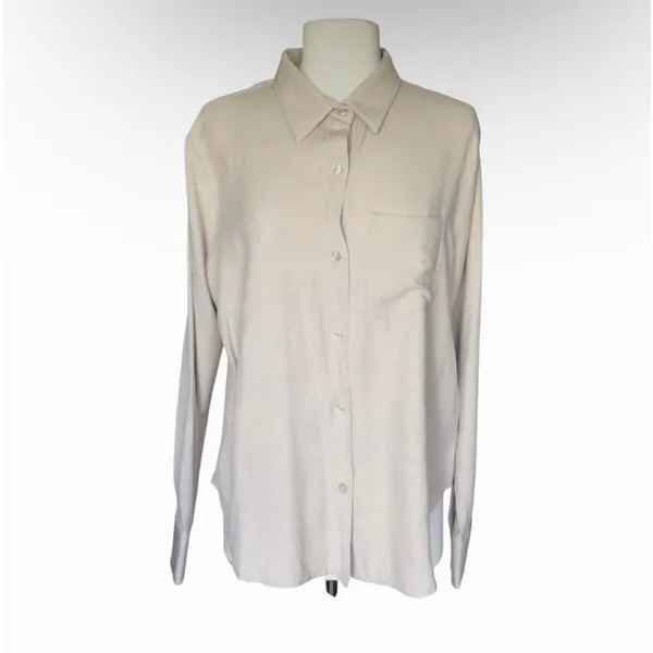 Beige Button Up Blouse Lightweight Relaxed Layering Shirt Women’s Medium - Image 2