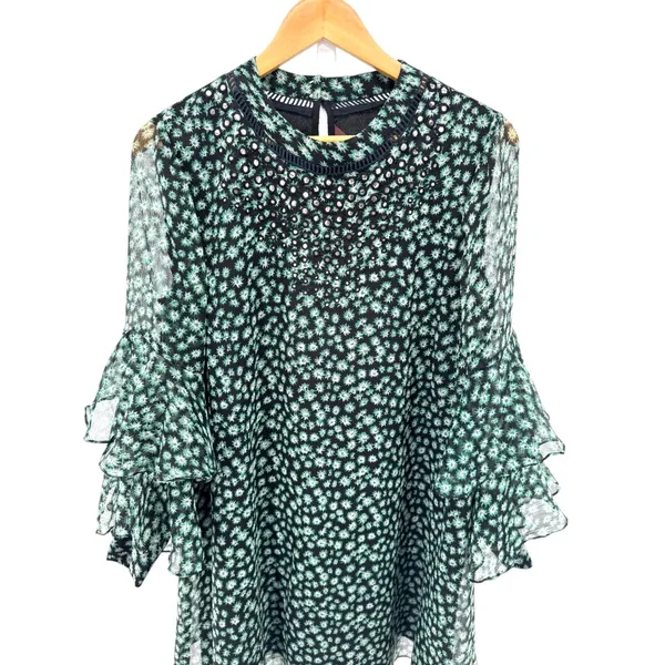 Ranna Gill Anthropologie‎ Floral Mirror Sequin Ruffle Sleeve Mini Dress M - Image 3