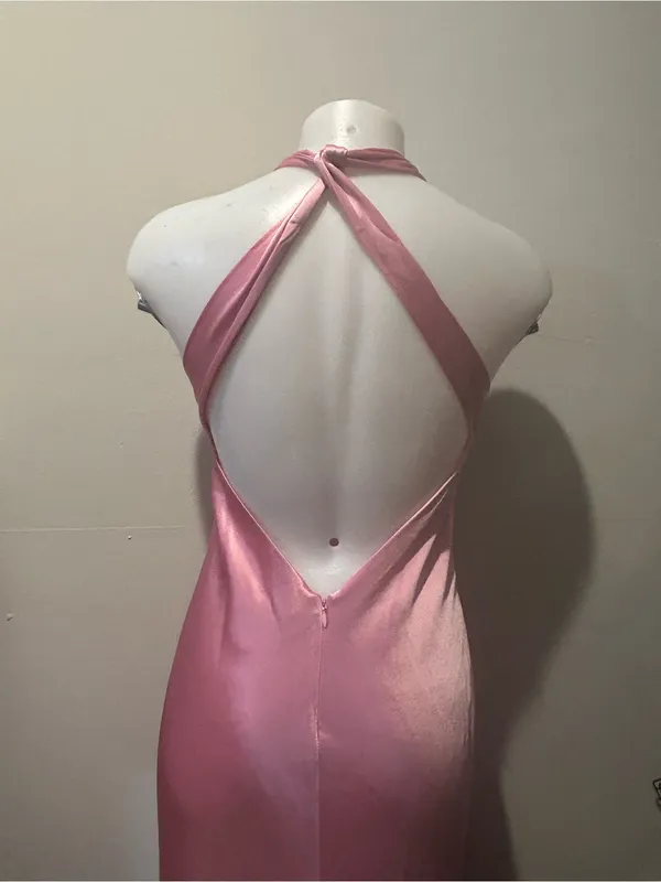 Elegant Backless Satin Halter Maxi Dress - Pink - Image 7