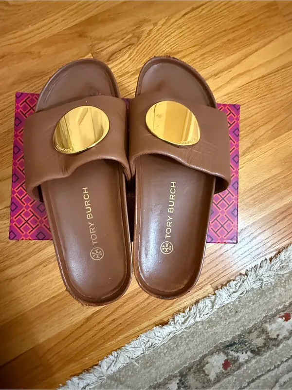 TORY BURCH Patos Disc Nappa Leather Platform Slide Sandals Size 7 M Burnt Cuoio - Image 2