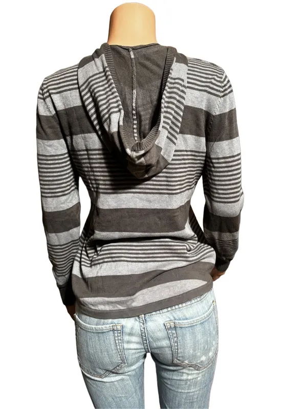 Long sleeve gray stripe half button Henley hoodie sweatshirt top M - Image 4