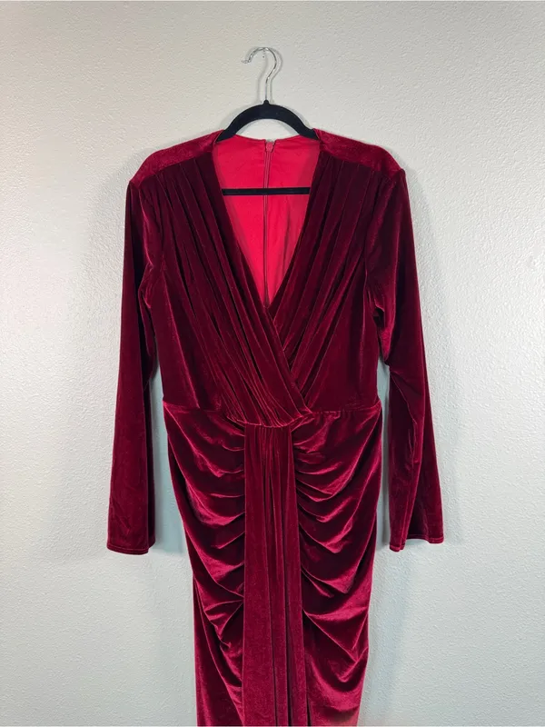 Burgundy Red Velvet Plunging Neckline Maxi Dress Gown Womens XL Holiday Party - Image 11