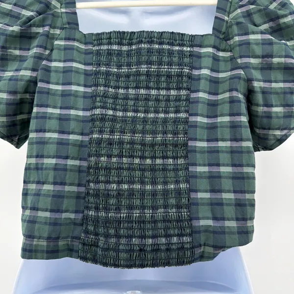 Madewell Hopewell Plaid Puff Sleeve Crop Top Smocked Square Neck Blouse Forest M - Image 4