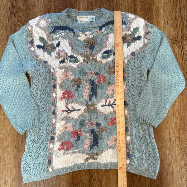 VTG 80s Extra Shenanigans Hand Knit Floral Sweater Blue Cottagecore Ramie sz 24‎ - Image 2