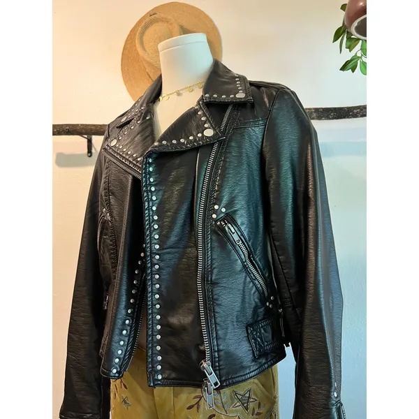 Free People Black Vegan Leather Moto Studded Zip Up Jacket Size XS Oversized - Image 4