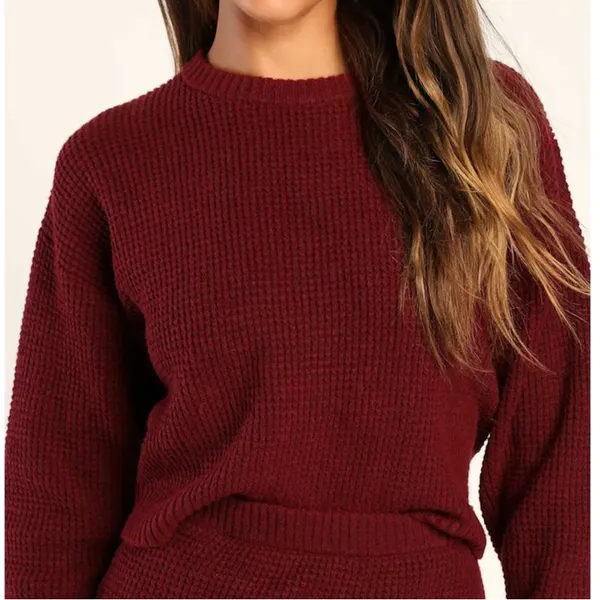 NEW Lulus Autumn Sweetheart Burgundy Waffle Knit Two-Piece Sweater Dress Medium - Image 4
