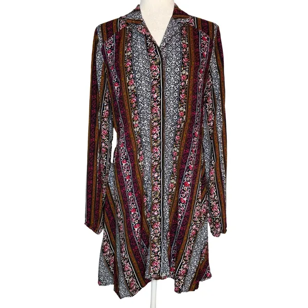 Natural Life‎ M Ansley Boho Tunic Silky Shirt Dress Stripe Button Front - Image 2