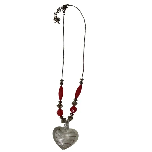 Artisan Glass‎ Heart Pendant Necklace Red Beaded Gold Tone Swirl Romantic Boho - Image 3