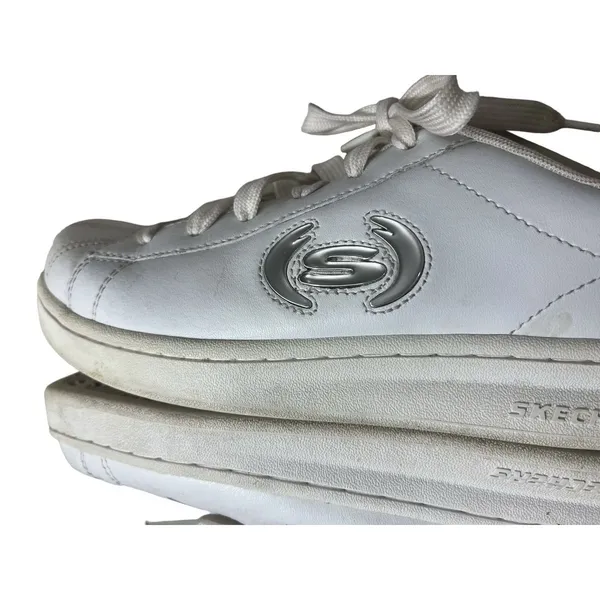Vtg Skechers White Sneakers 10 Leather Silver Logo Y2k 1990s Shoes WSL Lace up - Image 7