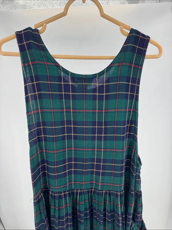 S.Roberts Green and Navy Plaid jumper Midi Dress drop pockets school girl vtg M - Image 9