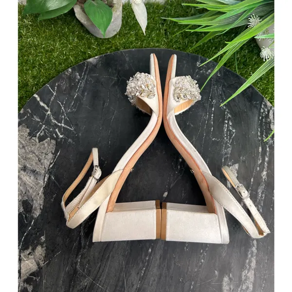 Badgley Mischka White Jeweled Block Heel Sandals - Image 10