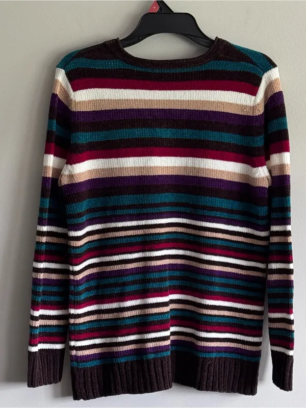 Designers Originals Striped V-Neck Sweater in Teal, Burgundy, Purple & Cream - Image 2