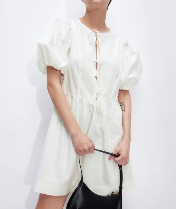H&M White Puff Sleeve Tie Front Mini Dress - Image 8