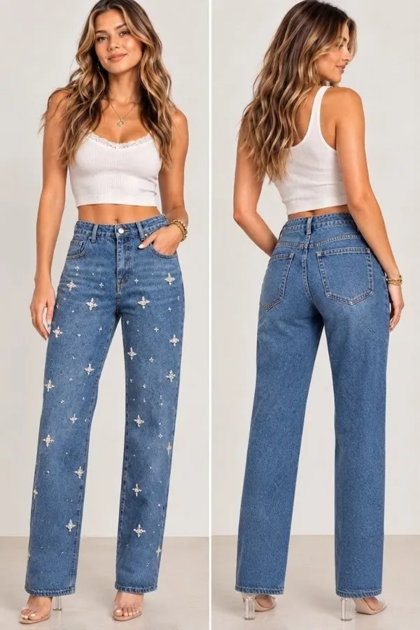 NWT Pearl Beaded Star Embellished Straight Leg Denim Jeans Sz 9 Medium Wash - Image 2