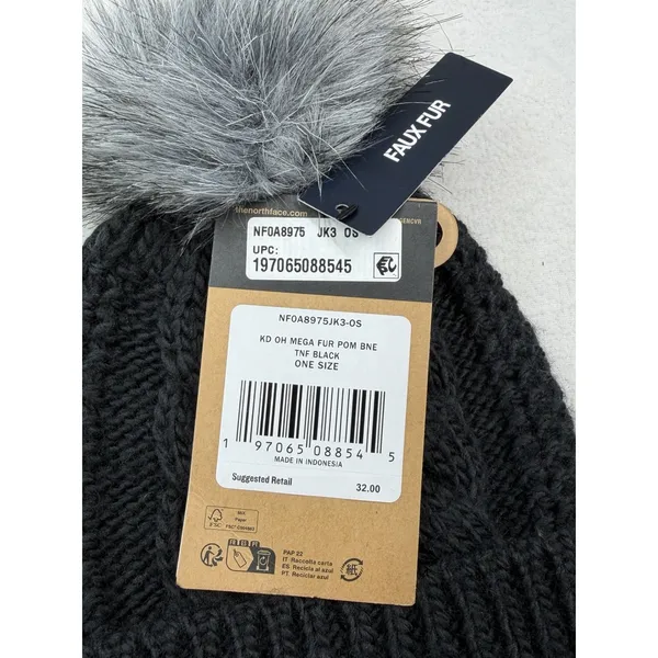 The North Face Oh Mega Fur Pom Lined Beanie Womens OS Black CableKnit Hat - Image 3