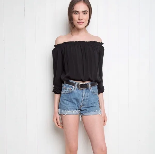 Brandy Melville Black Off the Shoulder Maura Long Sleeve Crop Flowy Ruffle Top - Image 2