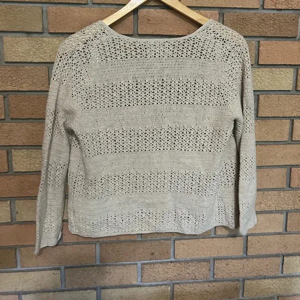 Eddie Bauer Hand Crocheted Linen Cotton Open Knit Button Down Sweater Medium VTG - Image 5