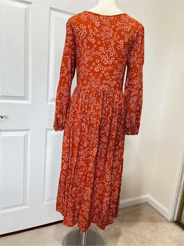 Susina Floral Smocked Bodice & Tiered Midi Dress Orange Burnt Orange Size Large - Image 13