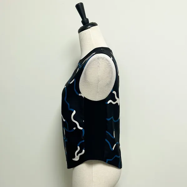 Diane Von Furstenberg Black Blue Ivory Sleeveless Scottie Wool Silk Top Medium - Image 3