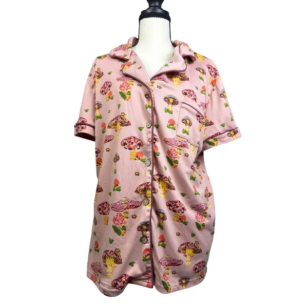 Haute Dreamz Mushroom Print PJ Top XL Pink Button Down Short Sleeve Sleepwear - Image 4