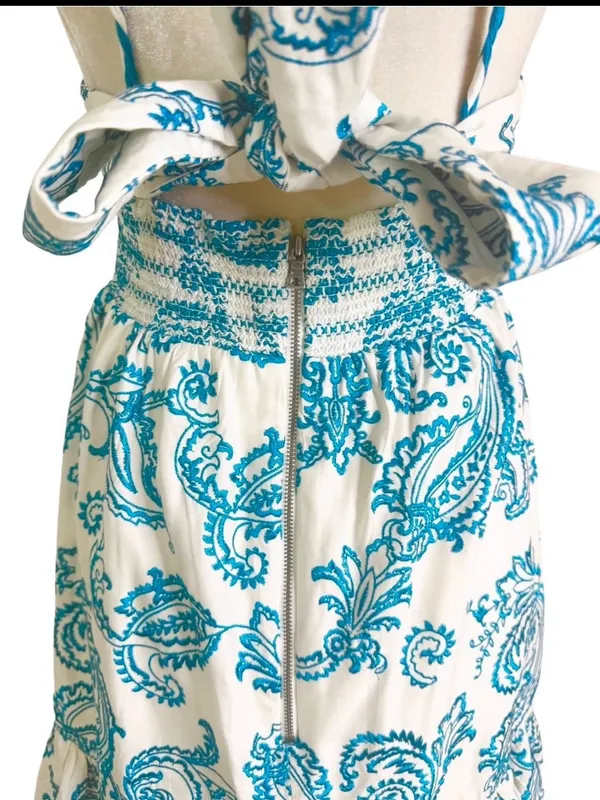 Alice + Olivia Khira Embroidered Mini Dress Bow Back Ivory Turquoise Size 8 Flaw - Image 7