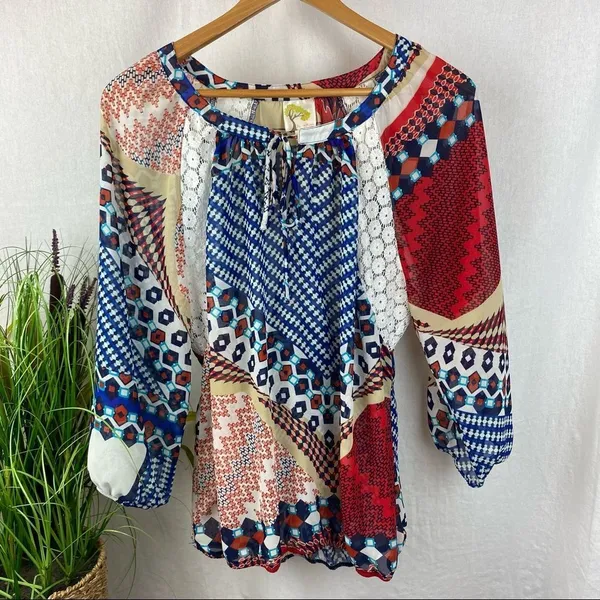 Anthropologie Multi Print Boho Peasant 3/4 Length Sleeve Top By Fig & Flower L - Image 2