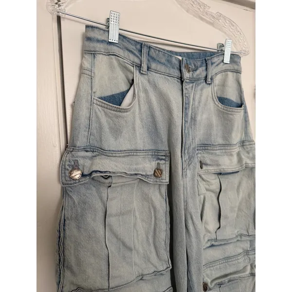 Zara Women Light Wash Multi Pocket Cargo Wide Leg Denim Jeans High Rise SIZE 4 - Image 10