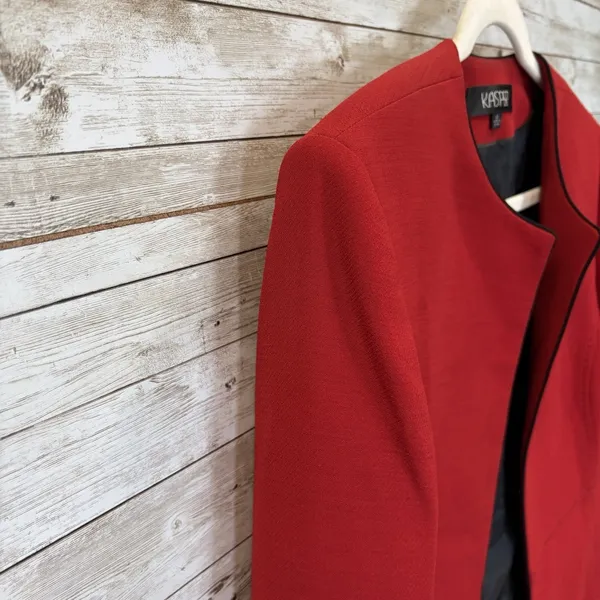 Kasper Womens 14 Blazer Red Longline Jacket Black Pick Stitch Collarless Career - Image 3