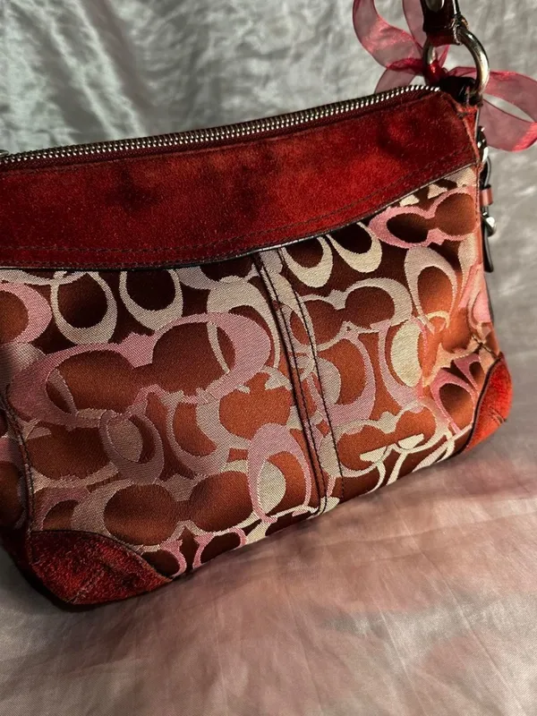 Vintage Y2K Coach Signature Burgundy Optic Suede Shoulder Bag - Image 3