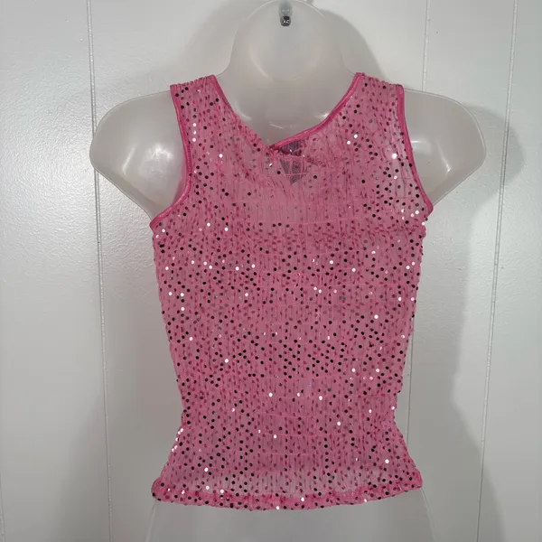 Vintage Y2K The Limited Pink Sequin Sheer Smocked Mesh Fitted Tank Top Clubbing - Image 4
