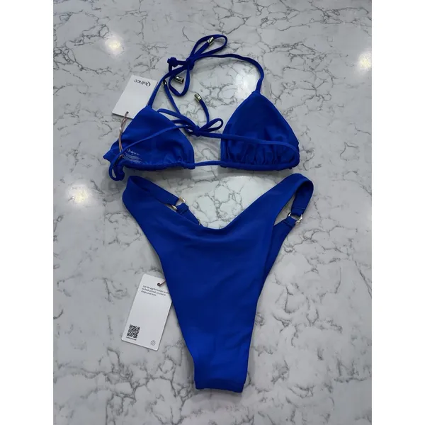 NWT Quince Electric Blue Italian High Leg Ring Bikini Bottoms & Triangle Top XS - Image 2