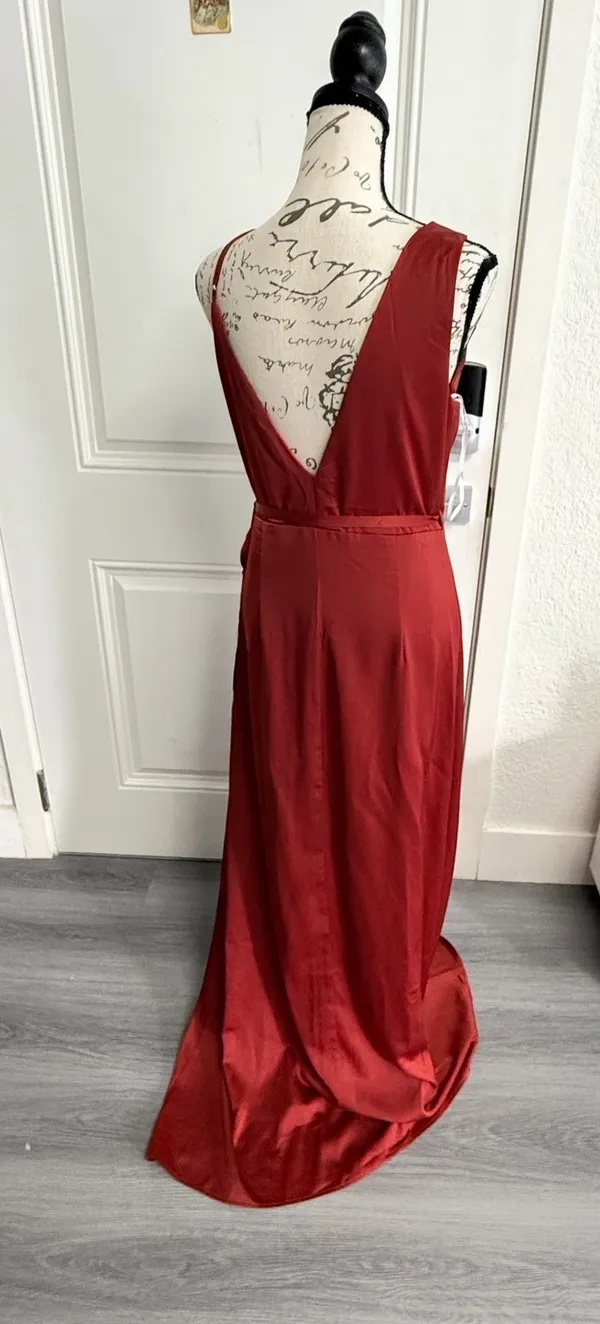 Lulus Poised Sophistication Rust Red Satin Wrap Maxi Dress - NWT - Size M - 63" Length - Image 5