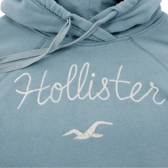 Y2K Hollister Baby Blue Spellout Hoodie Academia Preppy Comfort Coastal M - Image 4