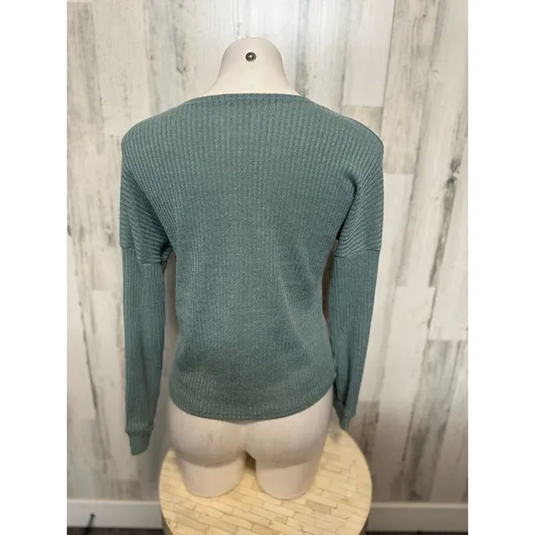 Green Ribbed Button Front Cardigan Top | Size Small | Long Sleeve Knit Sweater - Image 3