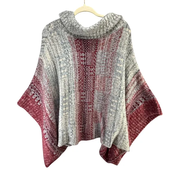 Free People Willow Poncho‎ Womens S Red Gray Knit Turtleneck Oversized Cozy Boho - Image 5