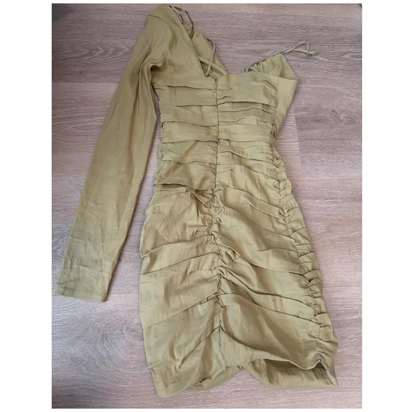 ZARA Linen Blend Asymmetric Olive Green Mini Dress XS Draped - Image 7