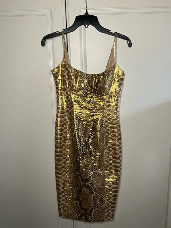 Vintage Y2K Tracy Reese Silk Gold Metallic Snakeskin Mini Party Dress - Image 2