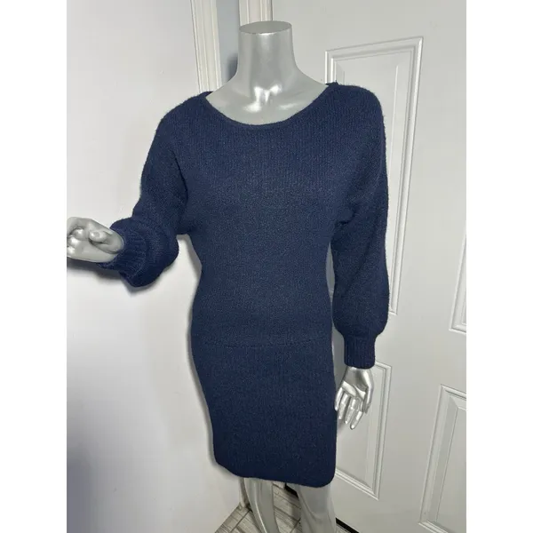 MESHKI Rafferty Navy Blue Knit Mini Sweater Dress XS NWT Boat Neck Puff Sleeve - Image 8
