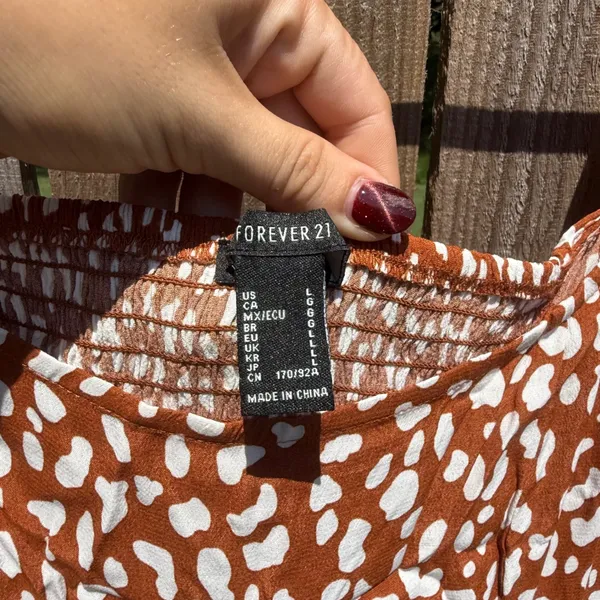 Forever 21 Rust Brown White Abstract Pebble Print Smocked Midi Dress Large - Image 2