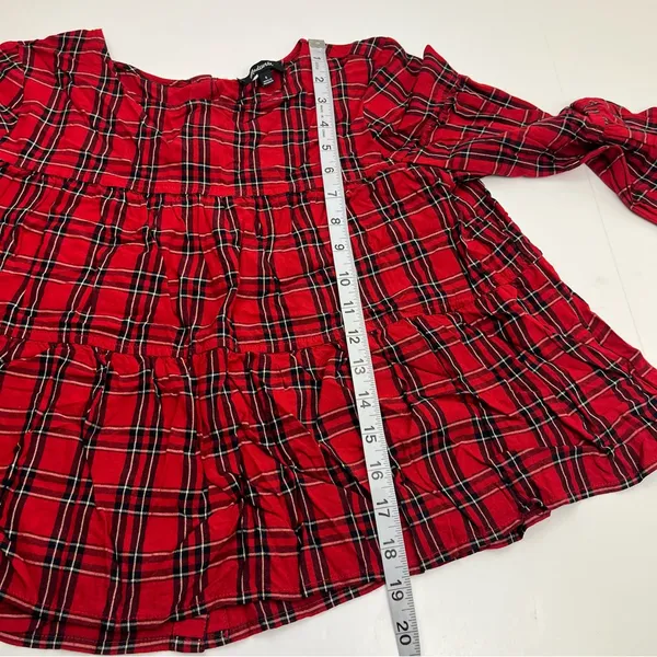 Madewell Red Black Small‎ Tartan Plaid Tiered Button Back Bell Fluted Sleeve Top - Image 9